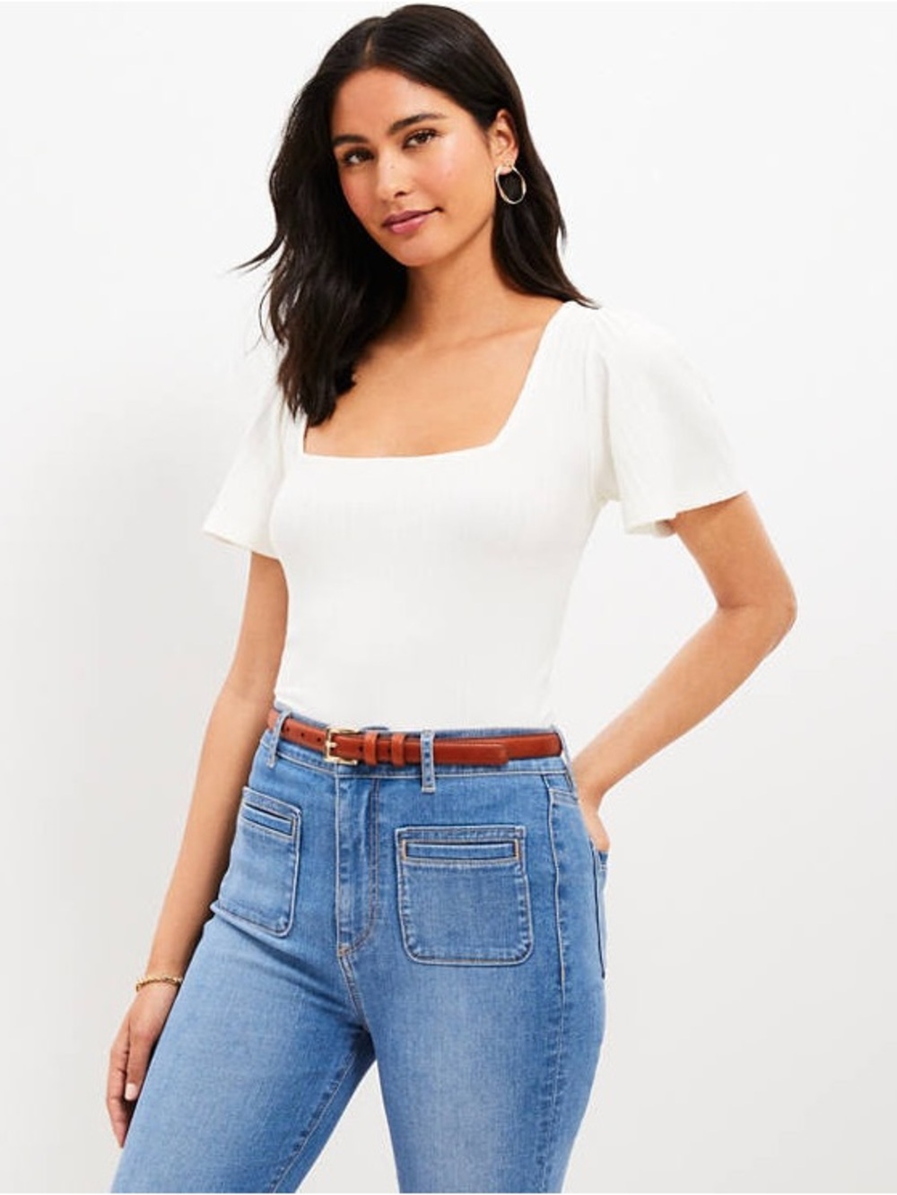 LOFT Whisper White Pointelle Tie Back Square Neck Top XS